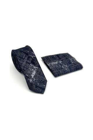 Gaffy Gri Desenli Lacivert Dokuma Kumaş Mendilli Slim Fit Kravat // Sdk-2608-2 Lacivert