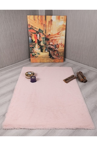Dekoratif Tavşan Tüyü Ultra Yumuşak Peluş Kaymaz Halı Yolluk Pembe