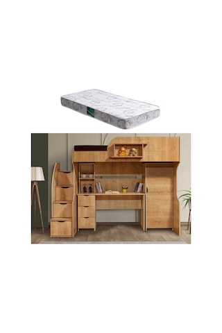 Ranza, Litera Ranza Dolap Çalışma Masası Açık Ceviz + 1 Adet Comfort Yatak 90 x 190 Cm