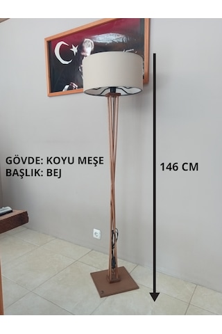 Ahşap Lambader- Köşe Lambası- Bej Başlık- Koyu Meşe
