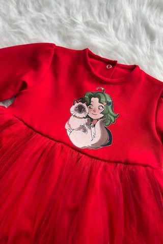 Kedili Kız Şeker Baskı Kız Çocuk Bebek Tül Kırmızı Krep Elbise 001