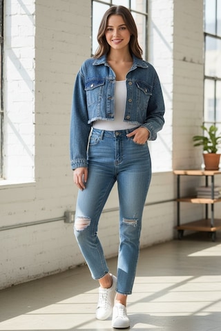 Kadın Mavi Taşlı Oversize Kot Ceket