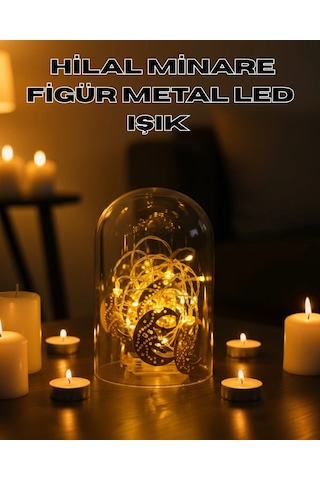Ramazan Minare Detaylı Hilal Led Işık Günışığı Sarı Metal Süs Çok Renkli
