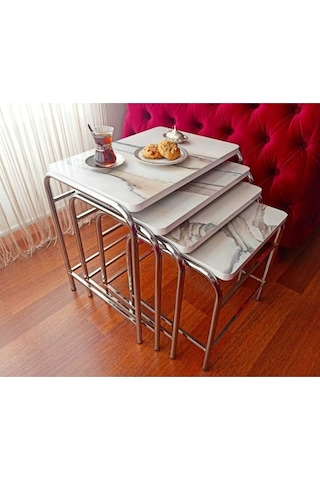 Zigon Sehpa Nikelaj Kaplama Metal Ayaklı Karışık Beyaz Mermer De