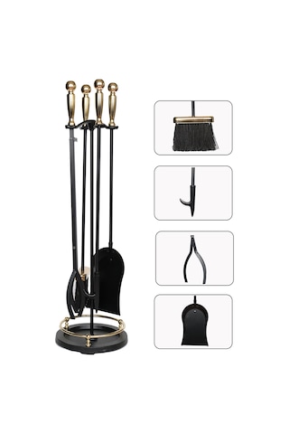 5 Li Premium İthal Döküm Gold Başlıklı Yuvarlak Şömine - Soba Maşa Takımı Aksesuar Seti