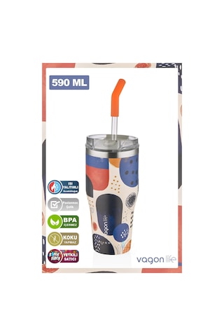 Vagonlife Tumbler Özel Desenli Cup 590 Ml Vakumlu Paslanmaz Çelik Termos Pipetli/rahat İçim -ffvgn1001-590ml Lacivert