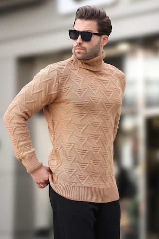 Madmext Camel Balıkçı Yaka Desenli Erkek Kazak E7292 Camel
