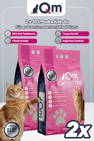 Qm Pudralı Süper Premium Bentonit Kedi Kumu 10 L X 2 Adet
