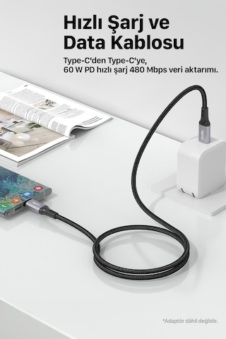 Type C Hızlı Şarj Kablosu Type-c To Type-c, 60w, 480mbps, 1.2m, Pd, Data, Dayanıklı Örgü V0201009