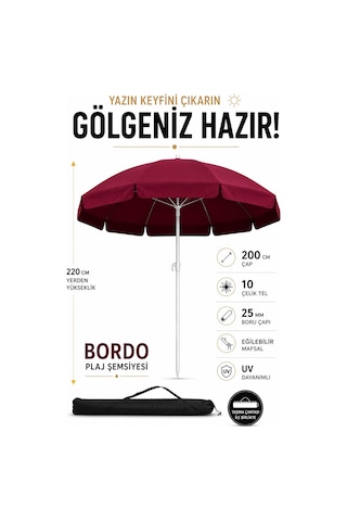 Bordo 200 Cm Çap/10 Telli Plaj Şemsiyesi + Şemsiye Kılıfı, Bidonsuz