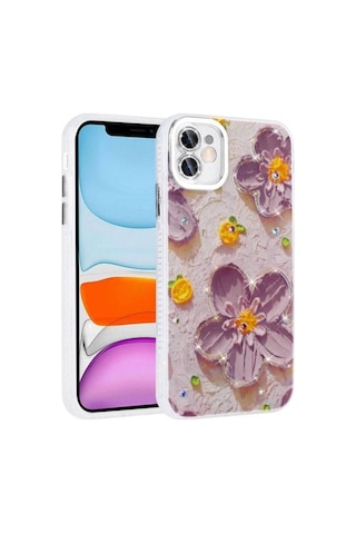 Apple Uyumlu iPhone 11 Kılıf Çiçek Desenli Parlak Taşlı Sert Silikon Zore Garden Kapak Mor