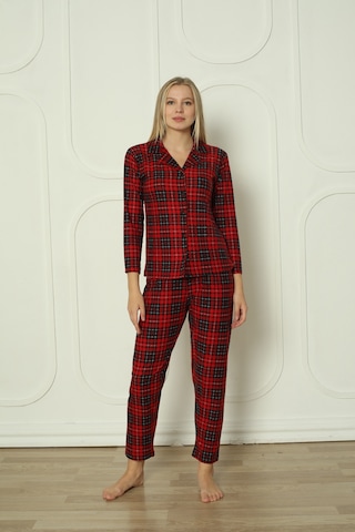 Wordex Fawn 3702 Boydan Düğmeli Soft Süet Kışlık Kareli Kadın Pijama Takımı Kırmızı