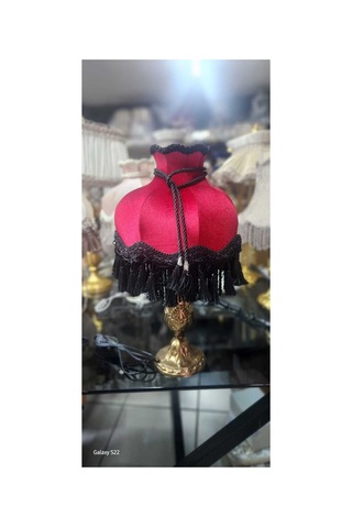 Klasik Abajur Bordo Başlık Siyah Saçak - Bronz Ayak 51cm.