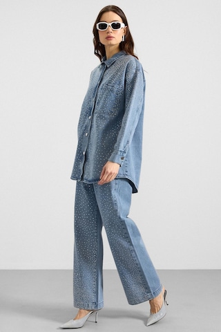 Olcay Taş Bezeli Ceket Pantolon Denim İkili Takım Açık Mavi 9387-tk