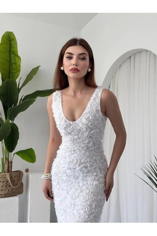 Kren Gül Detaylı Elbise Beyaz