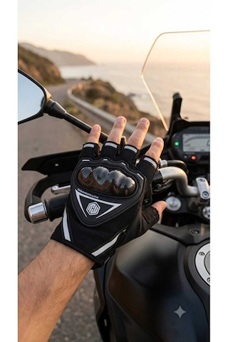 Forestia Siyah Yarım Parmak Motorcu Eldiveni - Kısa Taktik Spor Reflektörlü Kaymaz Motosiklet Bisiklet Eldiveni