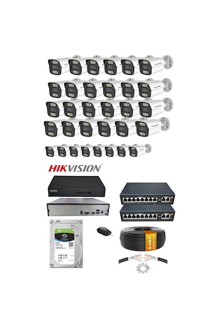 32'li 5mp Ip Kamera Seti Poe Hikvision Nvr İç/dış Mekan Gece Görüş Ses Kayıt Mobil İzleme 2tb Hdd Full Set