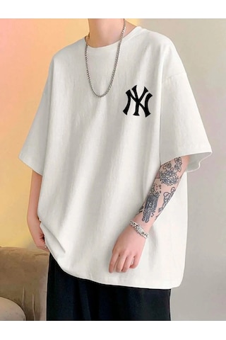 Adrift Unisex Yankees Özel Baskılı Oversize Penye Bisiklet Yaka T-shirt Beyaz