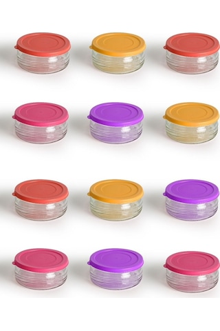 12'li Premium Kahvaltılık Seti 410 Cc Renkli Plastik Kapaklı Cam Saklama Kabı, Hava Geçirmez Çok Renkli