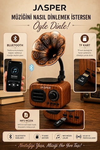 Jasper Jpr-1513 Nostalji Gramofon Bluetooth Hoparlör Kablosuz Taşınabilir Ses Tasarımlı Bombası Extra Bass