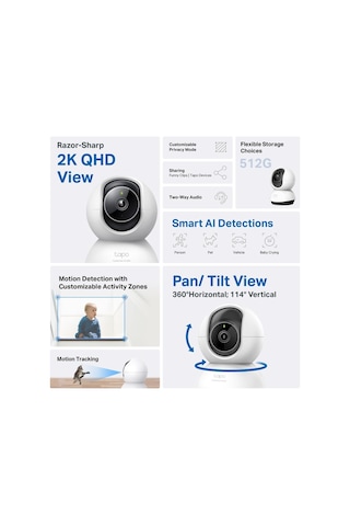 Tp-lınk Tapo Tc72 C220 2k Qhd 40mpix İç Mekan Wifi 9mt. Gece Görüşü 360 Dönüş İki Yönlü Ses Güvenlik Yapay Zeka Destekli Kamera 1923