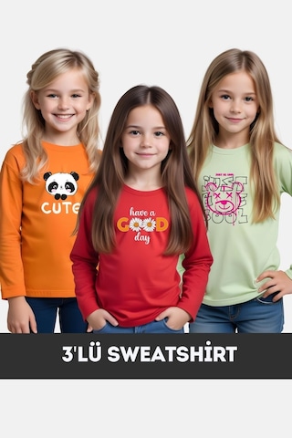 Fyk Kids Kız Çocuk Bisiklet Yaka 3'lü Basic Sweatshirt Çok Renkli