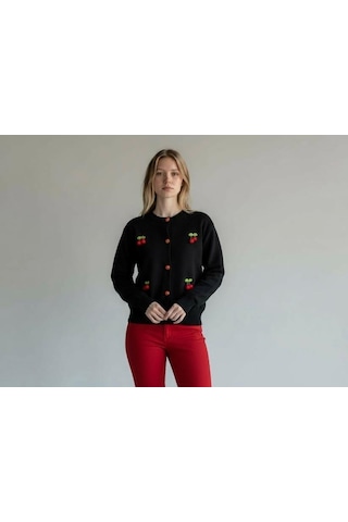 Eren Style Triko Kiraz Detaylı Cotton Angora Yünlü Bisiklet Yaka Hırka Siyah