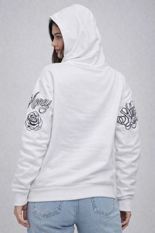 Mevese Wood Kadın 3 İplik Pamuklu Kapüşonlu Baskılı Sweatshirt Hoodie - Beyaz