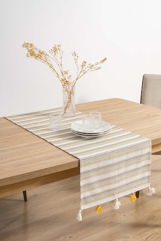 Rivaistanbul Ruffle Püsküllü Pamuklu Ham Keten Runner 50x130 Cm Açık Krem