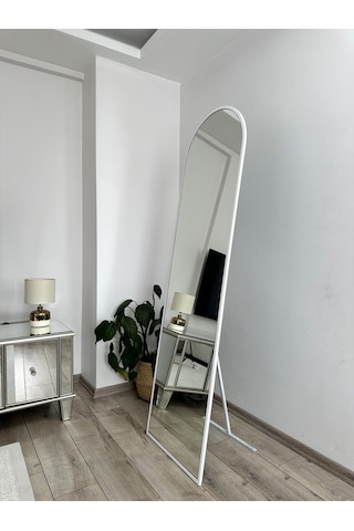 Effe Beyaz Metal Çerçeveli Ayaklı Oval Boy Aynası 180x60 Cm