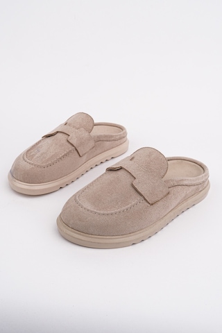 Muggo Vintage Süet Deri Günlük Rahat Önü Kapalı Kadın Loafer Terlik Bej