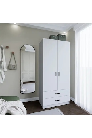 Yaman 80 Cm Mat Beyaz 2 Kapaklı 2 Çekmeceli Elbise Dolabı - Gardırop Beyaz
