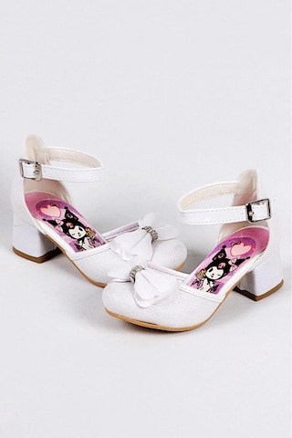 Nese Shoes Kız Çocuk Karakter Baskılı Topuklu Ayakkabı, Simli Fiyonklu Abiye Ayakkabı Ekru