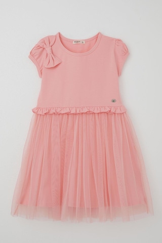Breeze Kız Çocuk Elbise Bel Kısmı Fırfır Detaylı Omuzu Fiyonk Aksesuarlı 4-8 Yaş, Pembe Pembe