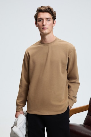 Grimelange EDMUND Erkek Kolu Baskılı Eteği Lastik ve Stoperli Bisiklet Yaka Vizon Sweatshirt