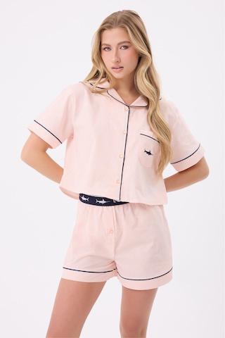 Lespadon Marısılk Seastrıpe Kadın Yazlık Şortlu Crop Gömlekli Pijama & Lounge Takımı-3173 Pembe