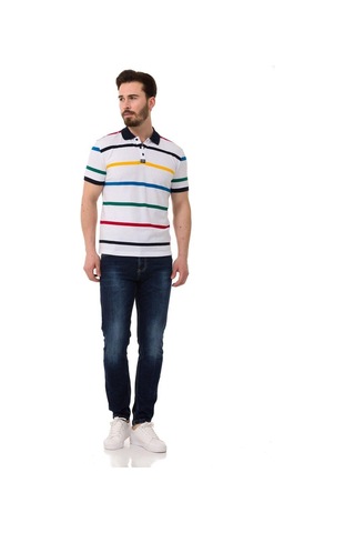 Cipo & Baxx Çizgili Polo Yaka Erkek Basic Tişört Ct749 Whıte