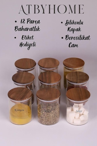 Akasya Kapaklı Borosilikat Cam Baharatlık Saklama Kavanozu 200 ML 9'lu + Etiket Ahşap - Şeffaf