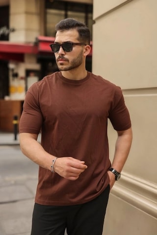 Valensdesign Erkek Kolları Dar Kesim Rahat Kalıp Basic Tişört Kahverengi