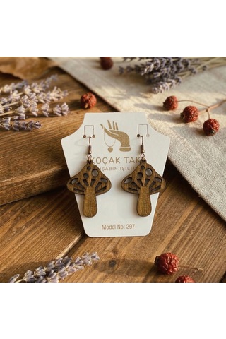 Ahşap Küpe Modern Özgün Minimalist Takı Model No 297 Açık Kahverengi