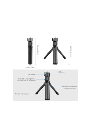 Sones Insta360 X3 / X4 Puluz Döner Saplı Masaüstü Tripod Standı Siyah