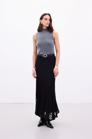 Sateen Dantelli Uzun Etek - Siyah-136891 Siyah