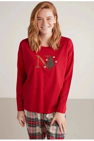 Nautıca W606 Kadın Uzun Kollu Ekoseli Pijama Takımı Kırmızı