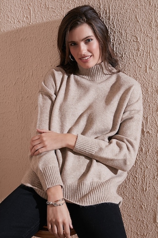 Lela Premium Oversize Fit Balıkçı Yaka Yumuşak Dokulu Triko Bayan Kazak 680Kz00469 Vizon