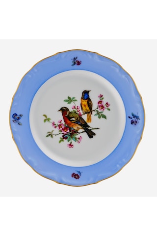Altın Dekorlu Yeşil Kuşlu Mavi Porselen Pasta Tabağı 19 Cm