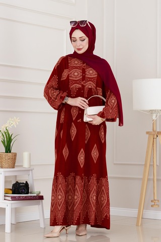 Sevitli Yarım Düğmeli Robalı Hira Elbise-bordo-4935