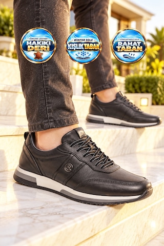 Castle Black Siyah Hakiki Deri Bağcıklı Erkek Casual Sneaker Ayakkabı 42172