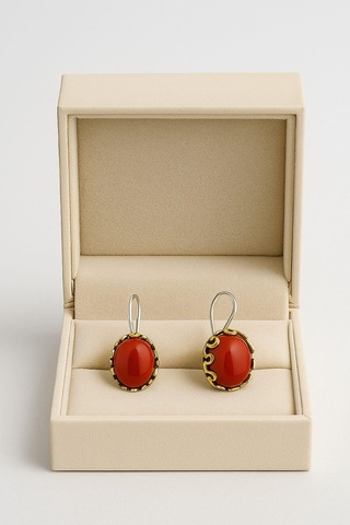 Lale Serisi El İşi Kırmızı Akik Taşlı Gümüş Kadın Küpe Gümüş