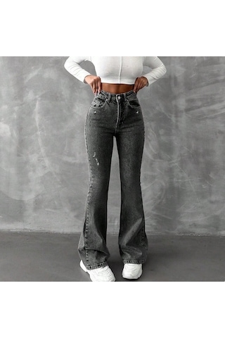 Herton Yüksek Bel İspanyol Paça Jean Pantolon - Eskitme Detaylı Full Pamuklu Flare Denim Mavi