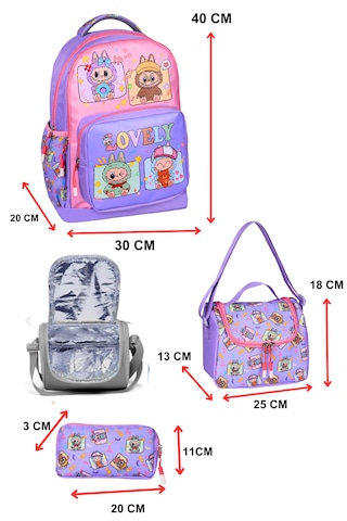 3 Lü İlkokul Labubu Baskılı Lila, Kız Çocuk Beslenmeli Ve Kalemli